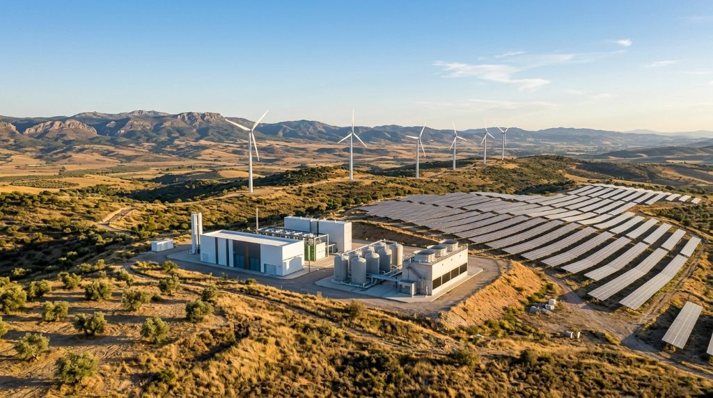 Renewable energy development site with wind turbines, solar panels and clean energy infrastructure in Spain