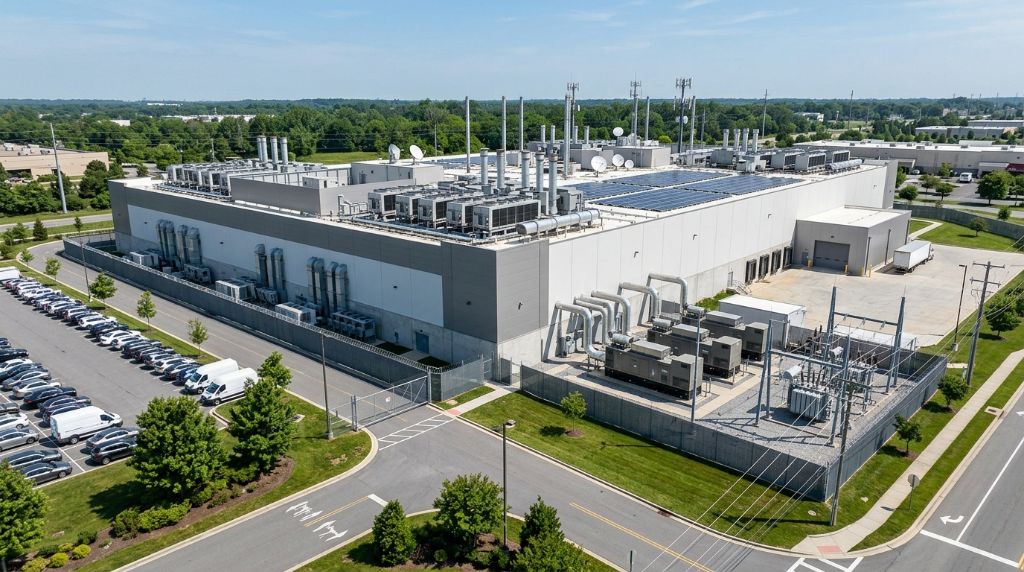 Large data centre facility with rooftop equipment and power infrastructure