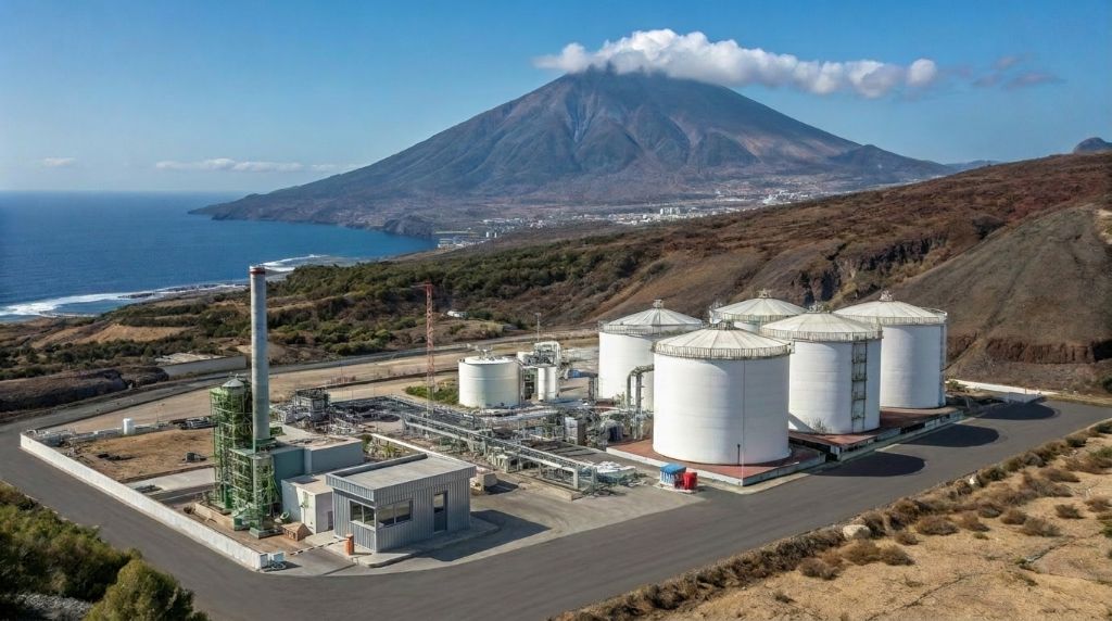 eSAF production facility near a coastal volcanic landscape