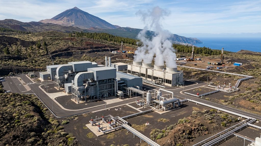 Geothermal power plant with steam near a volcanic landscape