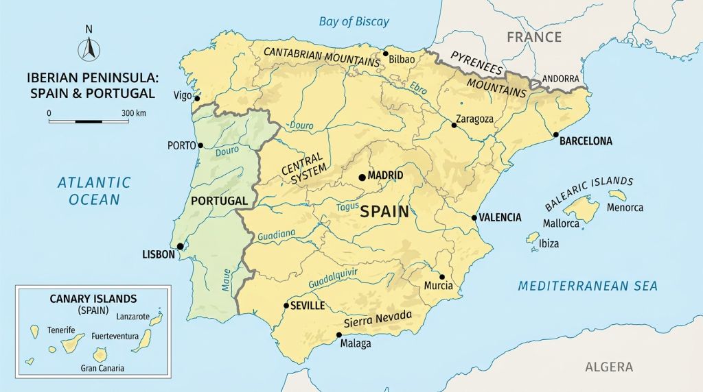 Map of the Iberian Peninsula showing Spain and Portugal for permitting and regulatory navigation